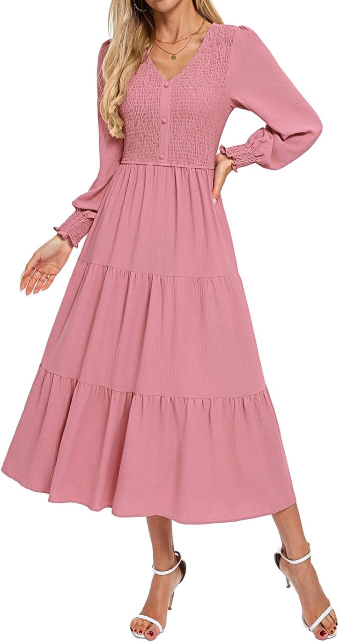 Kate Kasin Womens Long Sleeve Maxi Dress Spring Fall Dresses 2025 Trendy Smocked V Neck Modest Wedding Guest Dress & Pockets