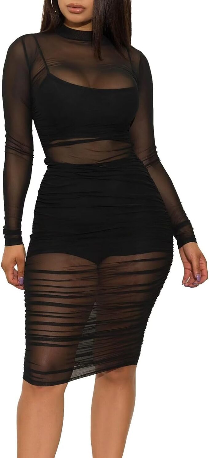Women 3 Piece Outfits Sexy Crop Top Short Set Mesh See-Through Ruched Bodycon Midi Dress Clubwear