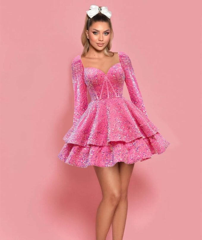 GUKARLEED Sequin Homecoming Dresses for Teens Long Sleeve HOCO Party Gowns Tiered Sparkly Sweetheart Neck Short Prom Dresses – Bild 3