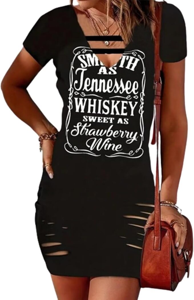 Smooth As Tennessee Whiskey Sweet As Strawberry Wine Mini Dress Women Cut Out V Neck Slim Bodycon Short Mini Dresses