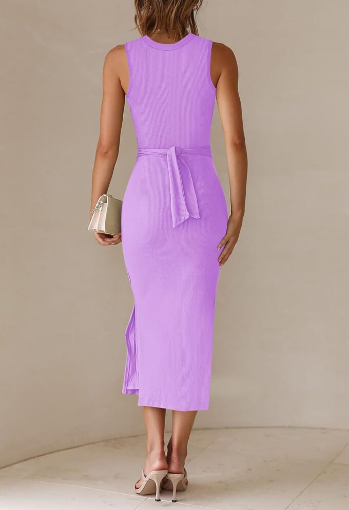 TOLENY Summer Sleeveless Cutout Dresses for Women Twisted Knot Ruched Side Slit Ribbed Bodycon Dress – Bild 6