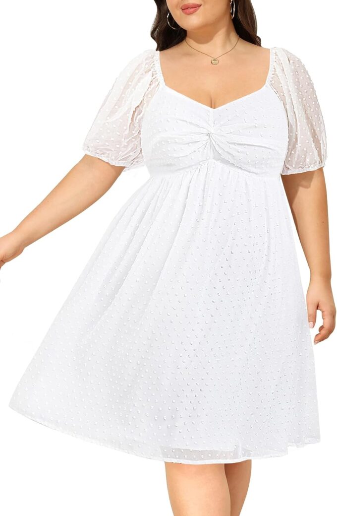 Plus Size Graduation Dress - Summer Swiss Dot Sweetheart Neckline Short Sundress Puff Sleeve Cute Flowy Chiffon Dresses