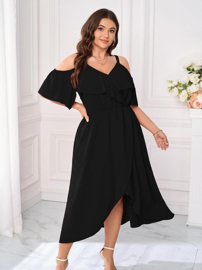 Womens Plus Size Cold Shoulder Dress Short Sleeve Ruffle Summer Sundress High Low Flowy Maxi Long Dresses – Bild 8