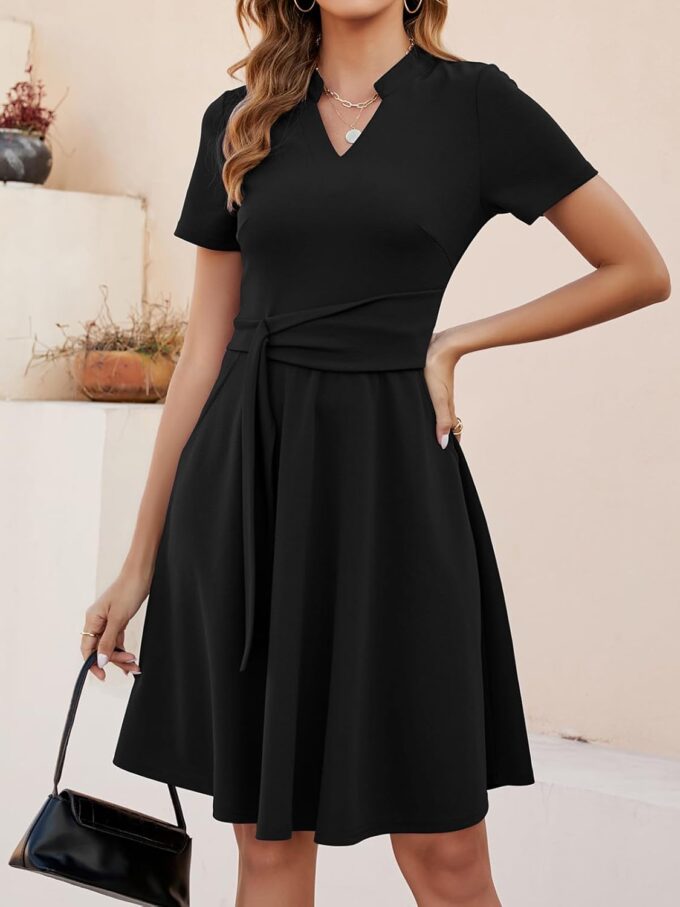 Mokayee Womens Summer Short Sleeve V Neck Fit and Flare A Line Business Casual Wedding Guest Work Dresses with Pockets – Bild 6