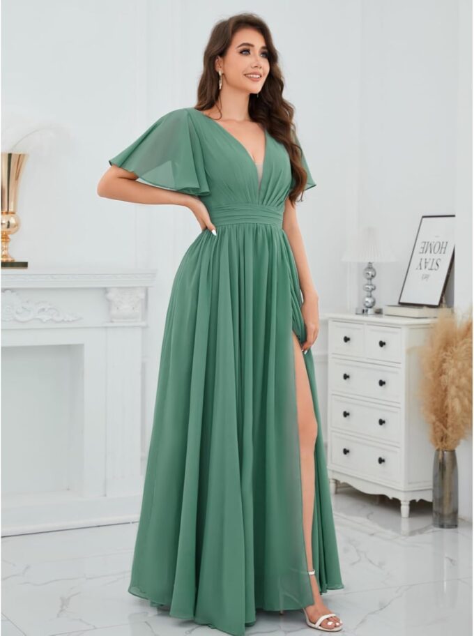 V Neck Chiffon Bridesmaid Dress with Slit Flutter Sleeve Chiffon Pleated Formal Prom Dresses for Women – Bild 5