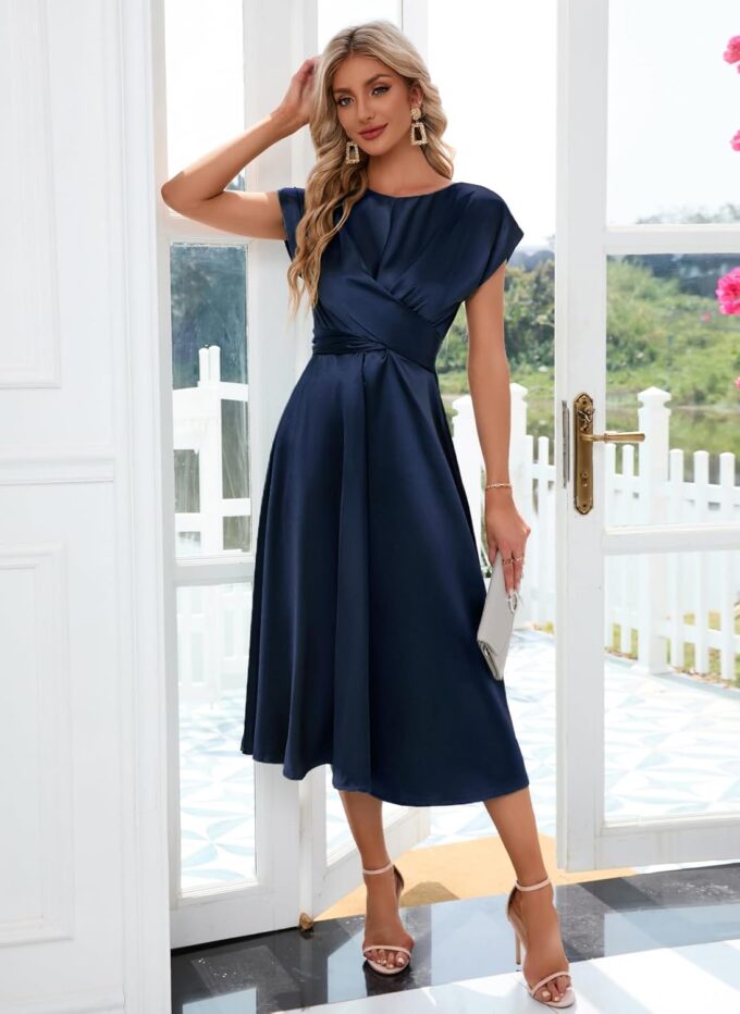 Women's Summer Satin Dress Elegant A-Line Cap Sleeves Tie Waist Flowy Midi Dress Cocktail Wedding Guest Dress – Bild 5
