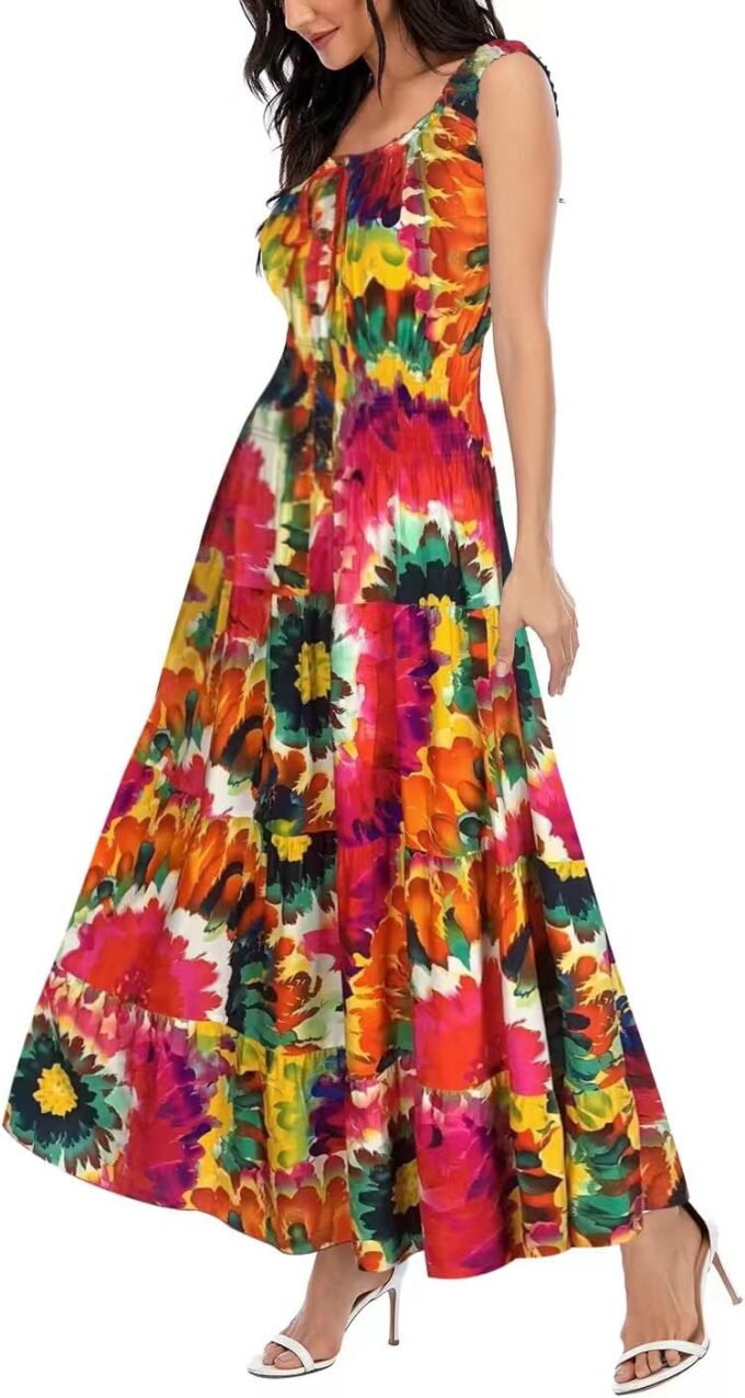 OSTOO Women's 2024 Summer Sleeve Boho Floral Print Casual Loose Flowy Maxi Dress