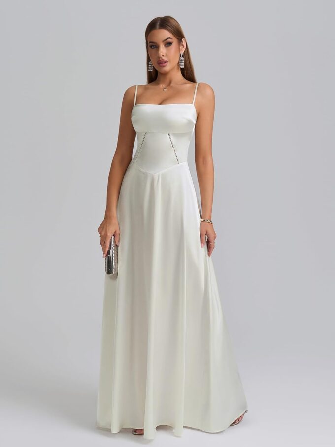 KUTUMAI Satin Maxi Dress Spaghetti Strap Lace Up Long Formal Dresses for Women Wedding Guest Cocktail Evening Prom – Bild 4