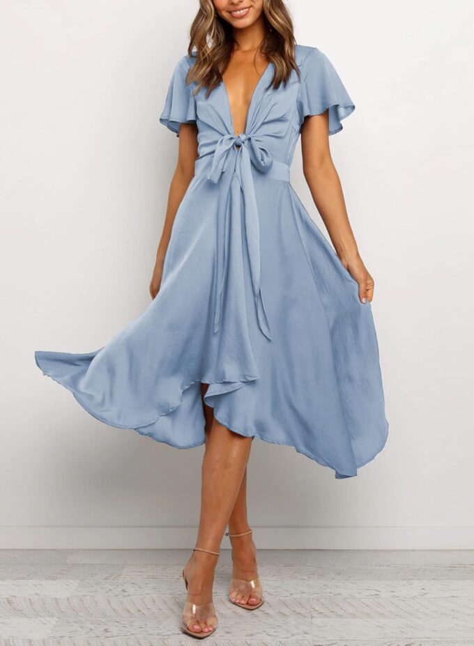 miduo Womens Satin V Neck Ruffle Short Sleeve Tie Front High Waist Midi A-Line Maxi Dresses – Bild 5