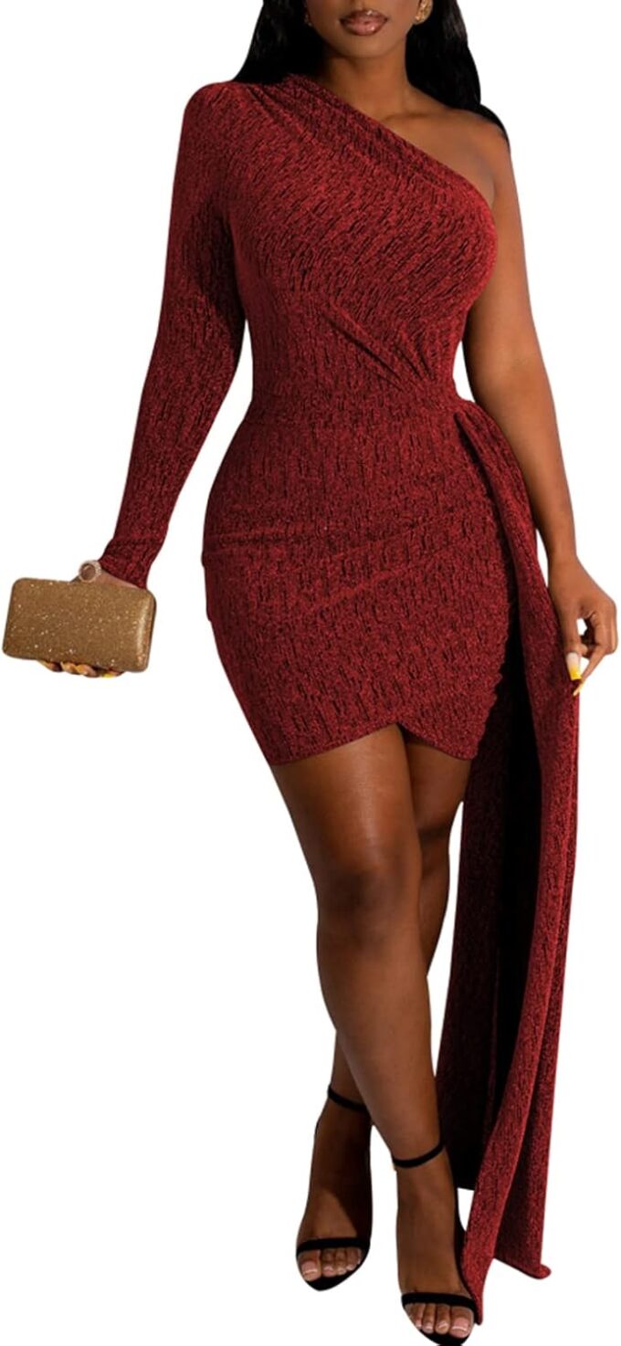 ZonJie Women Casual Solid Dress Sexy Off Shoulder Long Sleeve Elegant Bodycon Long Formal Sparkle Glitter Party Club Dress