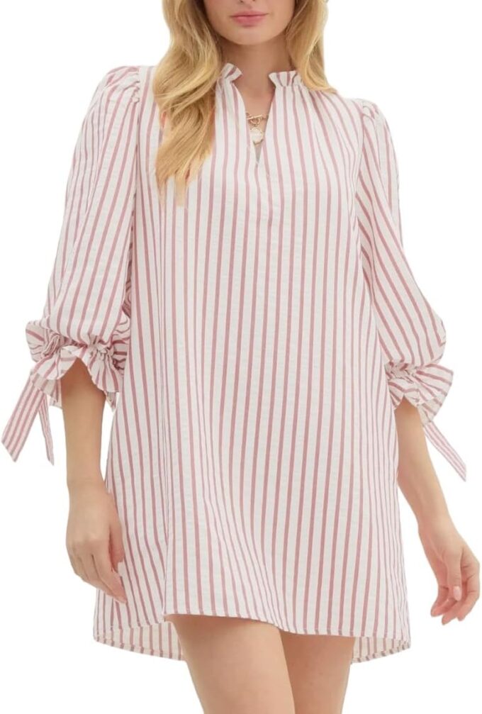 Striped Dress for Women V Neck 3/4 Bow Puff Sleeve Summer A Line Flowy Shirt Dress with Pockets