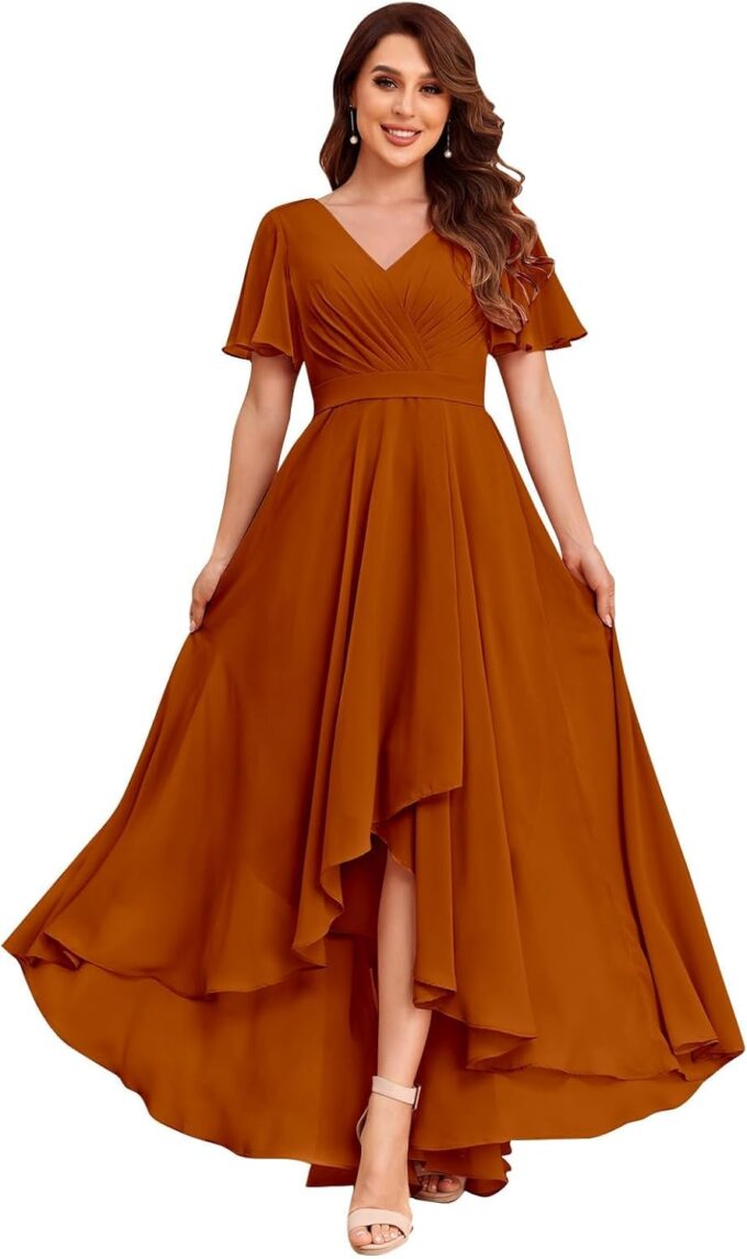 Women's High Low Bridesmaid Dresses for Women Chiffon Pleated V Neck Short Sleeves Formal Gown with Slit