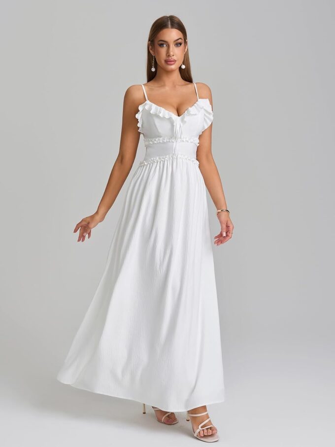 Summer Maxi Dress Spaghetti Strap Ruffle V Neck Casual Flowy Beach Wedding Guest Long Dresses for Women 2025 – Bild 4