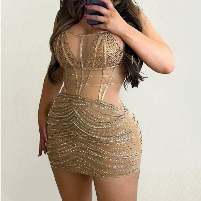 Sexy Dress for Women Party Club Night Stretchy Sheer Mesh Sparkly Rhinestone Mini Bodycon Vesitdos – Bild 3