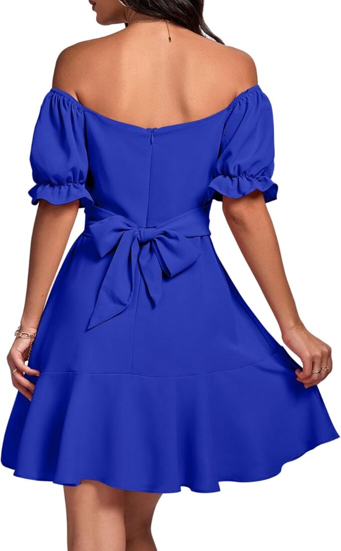 LYANER Women's Square Neck Ruffle Wrap Mini Dress Off Shoulder Flounce Short Sleeve A Line Flowy Dress