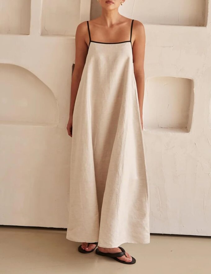 Womens Summer Linen Maxi Dress Contrast Trim Spaghetti Straps Backless Sleeveless Long Flowy Dresses – Bild 3