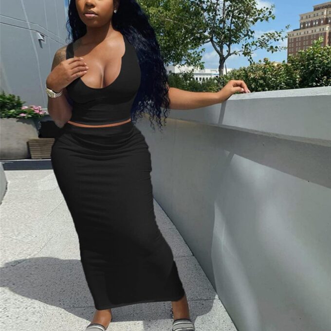 Women Sexy Two Piece Skirt Outfits Long Sleeve/Sleeveless V Neck Bodycon Ribbed Knitted Maxi Club Party Dress – Bild 5