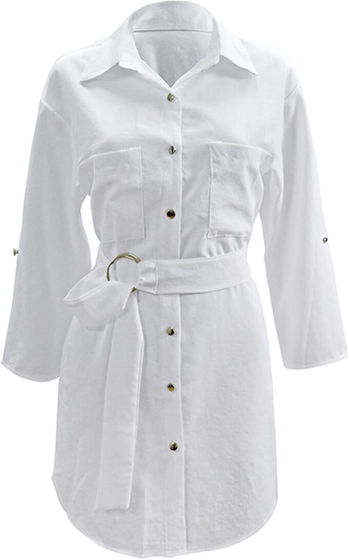 LYANER Damen-Minikleid mit Kragen, V-Ausschnitt, Gürtel, hoch und niedrig, Rollkragen, halbe Ärmel, Tasche vorne, Büro-Minikleid – Bild 3