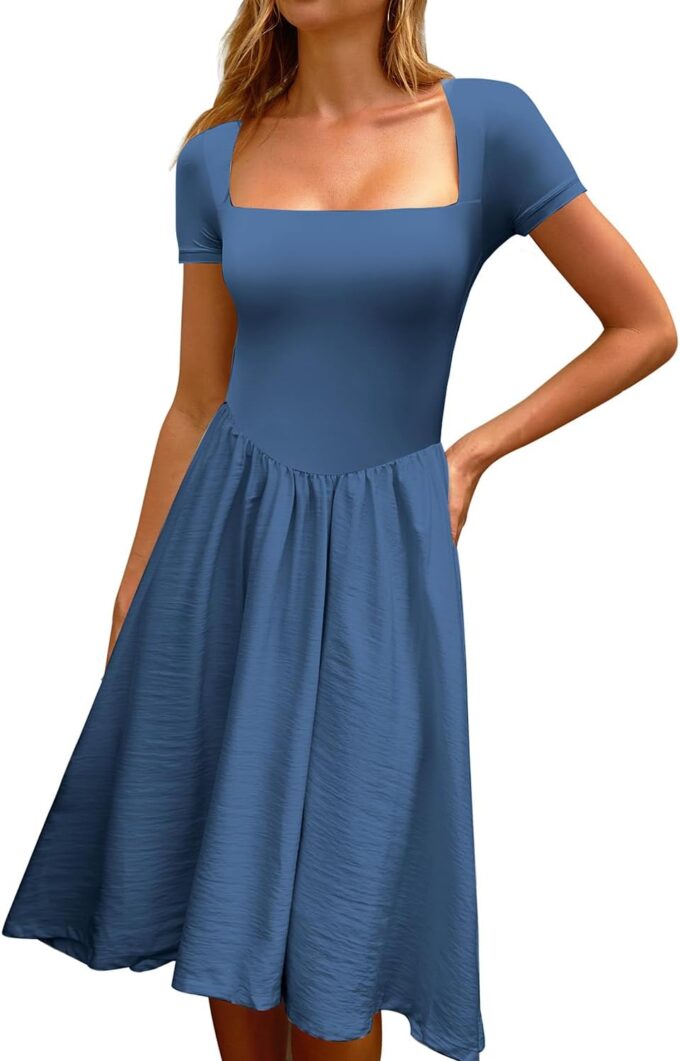 CHYRII Women Fashion Summer 2025 Square Neck Short Sleeve A-Line Midi Dress Long Sundress