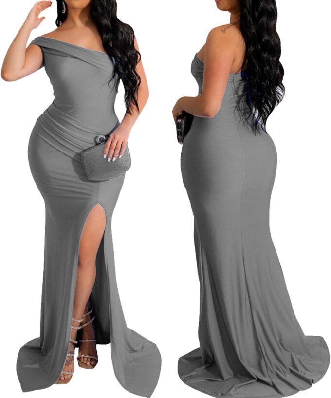 Women's Sexy Off Shoulder Bodycon Maxi Dresses Elegant High Split Club Party Long Dress – Bild 3