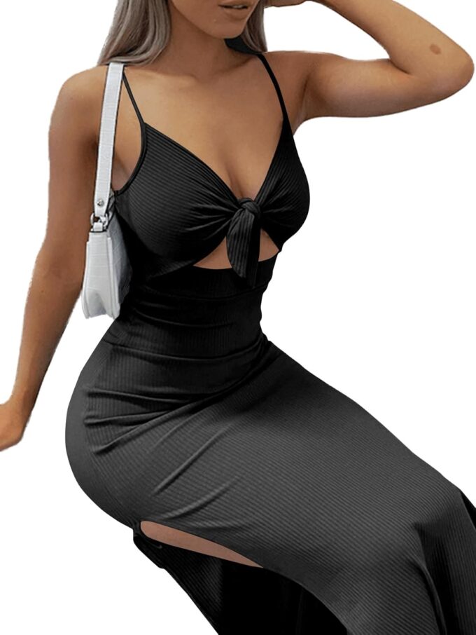 KIFOVEN Women's Tie Knot Cut Out Split Spaghetti Strap Sleeveless Knit Bodycon Midi Dress – Bild 3