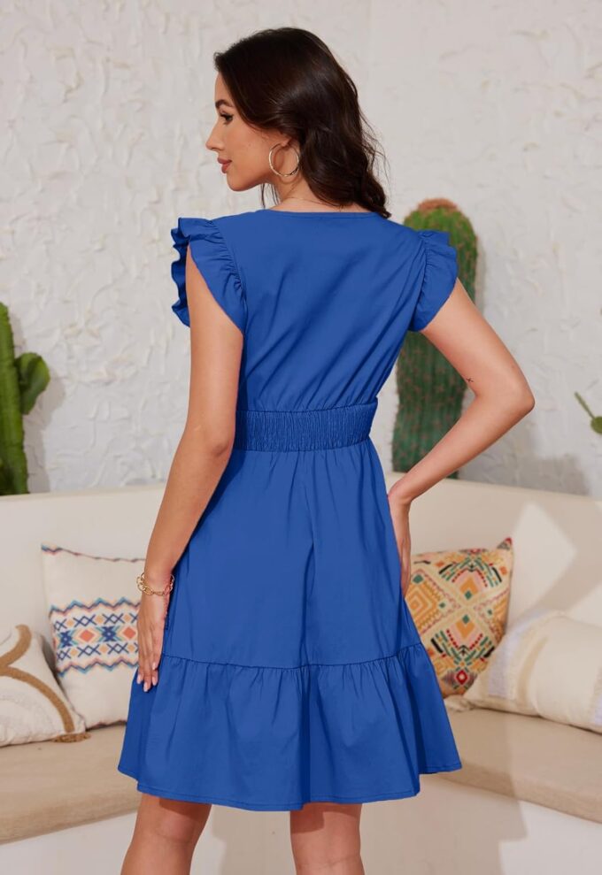 Jayscreate Women's Ruffle Sleeve Layered Dress Pockets Elastic Waist 2025 V Neck Above Knee Summer Casual Cute Dress – Bild 2