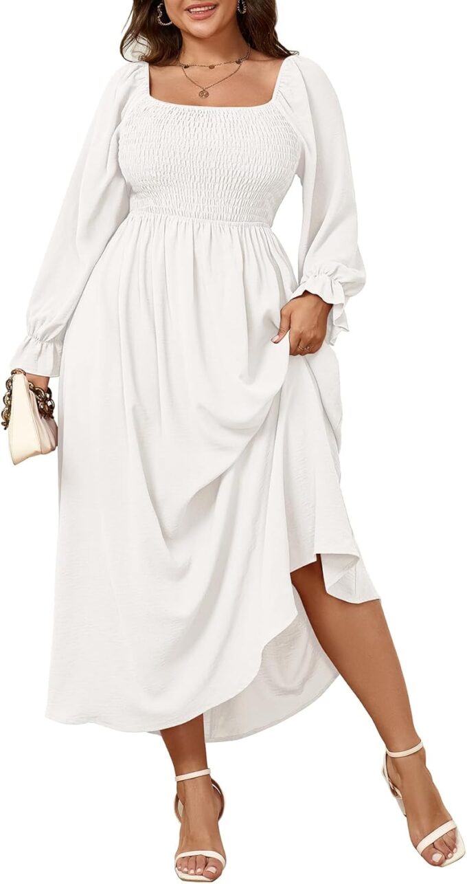 Women's Plus Size Maxi Dress Long Sleeve Square Neck Smocked Flowy A-Line Boho Wedding Party Maxi Dress