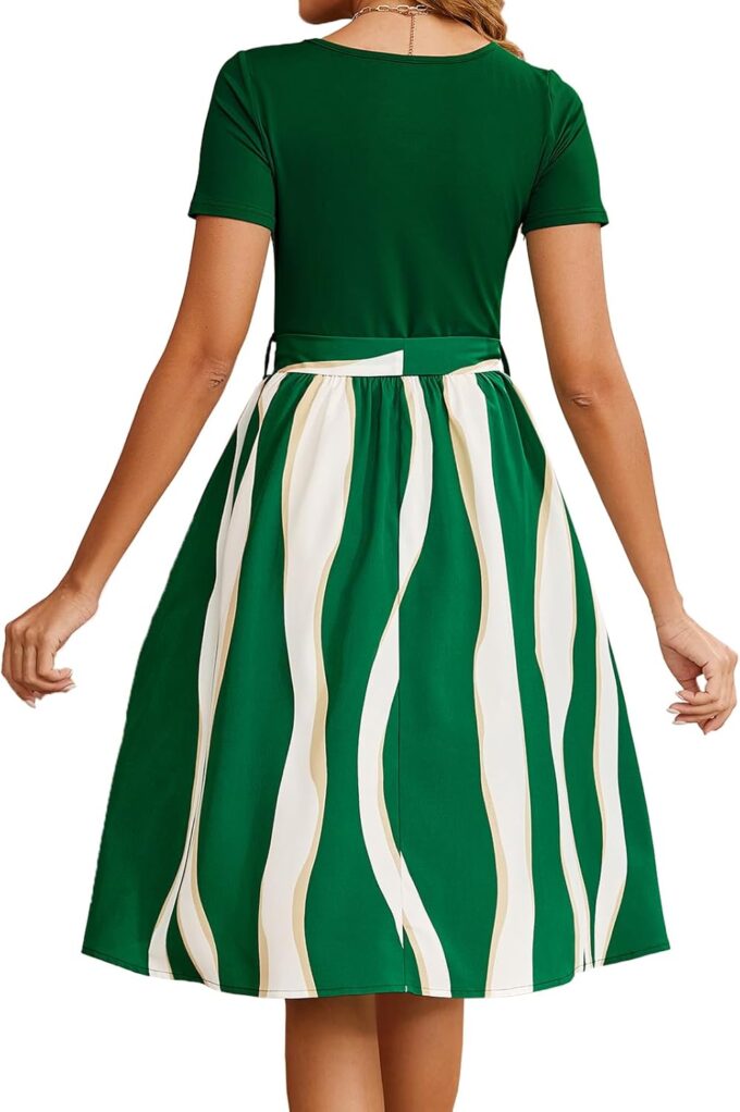 Damen Sommer Casual Elegant Vintage Streifen V-Ausschnitt Kurzarm Arbeit Party A-Linie Knielang Kleid mit Gürtel D824 – Bild 2