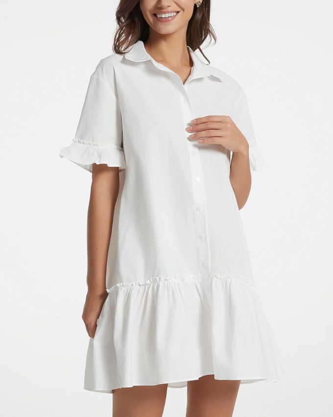 Women's Cotton Linen Ruffle Mini Dress Short Sleeve Button Down Drop Waist Tunic Shirt Dress – Bild 4