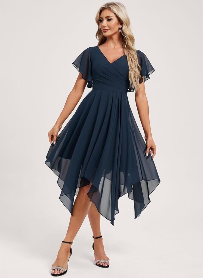 Asymmetrical V Neck Ruched Chiffon Bridesmaid Dresses Short for Women Flutter Sleeve Formal Party Gowns with Pockets – Bild 2