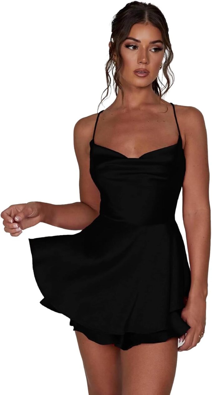 Women Sexy Spaghetti Strap Satin Dress Sleeveless Low Cut Backless Short Romper Dress Party Jumpsuit Mini Sundress