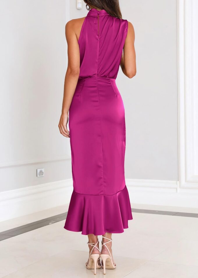 KIRUNDO Womens 2025 Summer Satin Mock Neck Wedding Guest Party Cocktail Midi Dress Sleeveless Wrap Ruffle Formal Dresses – Bild 5