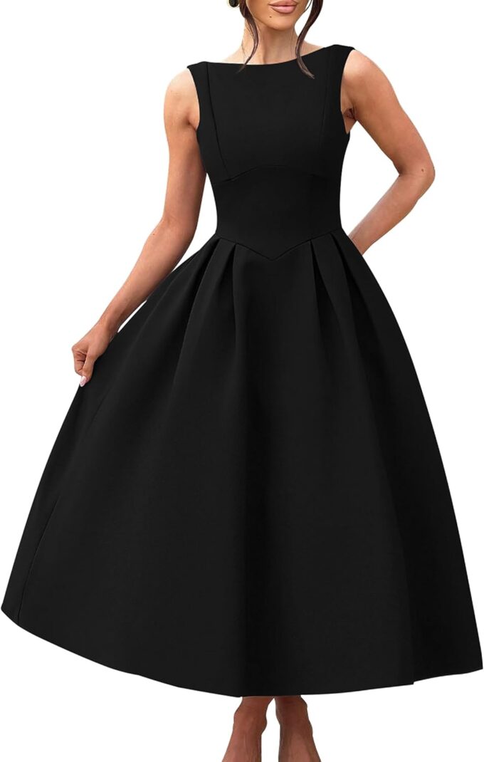 YMDUCH Women's Elegant Sleeveless Crew Neck Backless Swing A Line Evening Party Long Dress