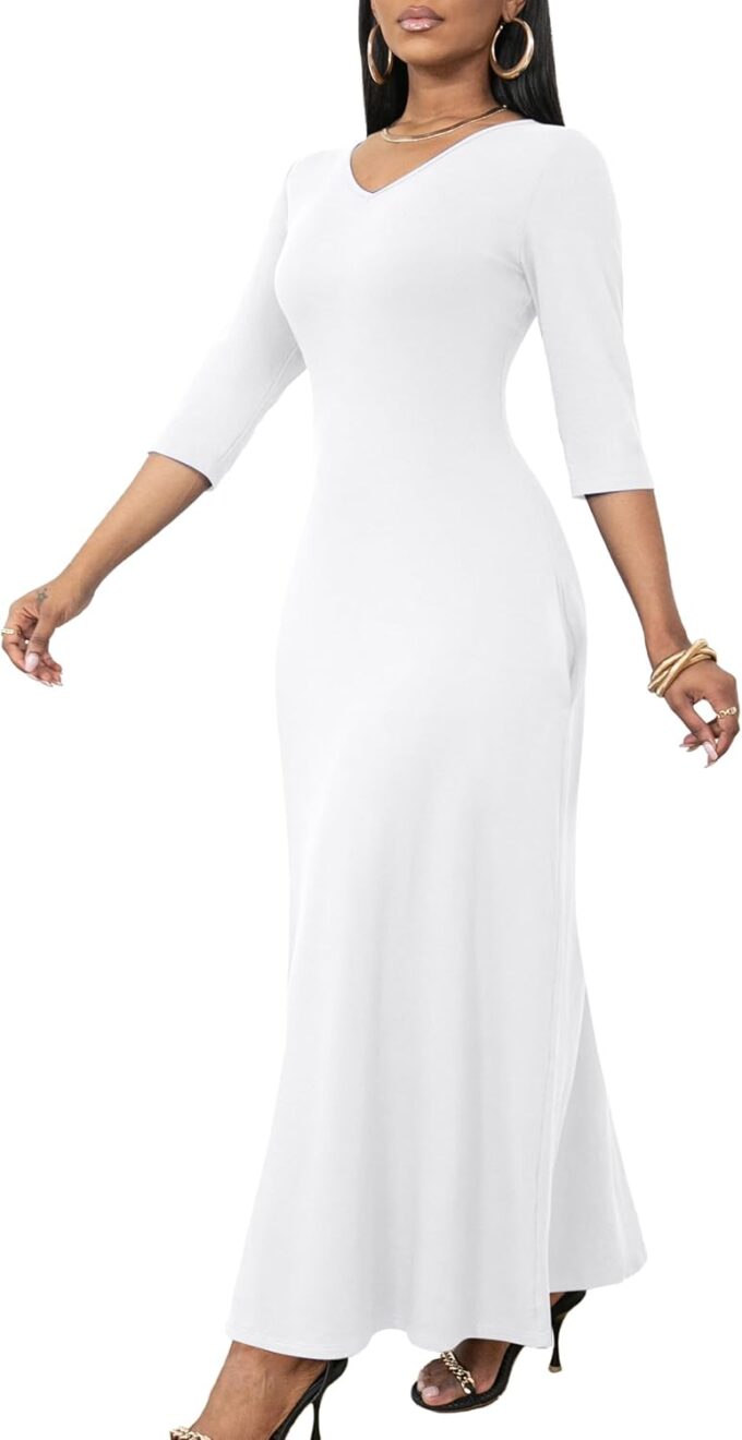 FANDEE Maxi Dress for Women 3/4 Sleeve Maxi Dresses V Neck Casual Loose Long T Shirt Dresses with Pockets