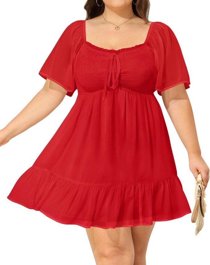 Plus Size Women's Sweetheart Neckline Dress Smocked Short Summer Sundress Chiffon Mini Cute Graduation Dresses – Bild 5