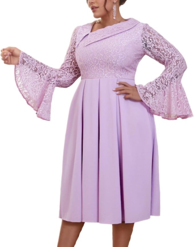 ONTINVA Women's V Neck Bell Long Sleeve Dress Floral Lace A Line Dresses Party Cocktail Midi Pleated Swing Dress