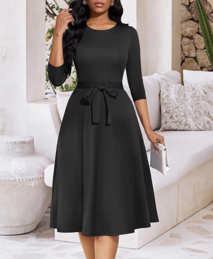 LaiyiVic Midi-Kleider für Damen, 3/4-Ärmel, Rundhalsausschnitt, knielang, A-Linie, Swing-Sommerkleid – Bild 4