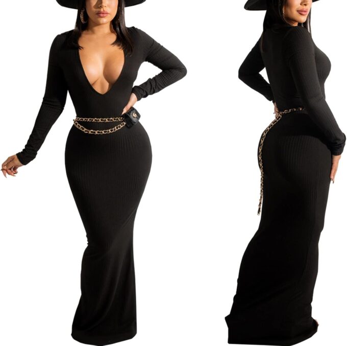 Women's Casual Long Sleeves Bodycon Maxi Dress Plus Size Sexy Deep V Neck Club Night Party Sweater Ribbed Long Dresses – Bild 3