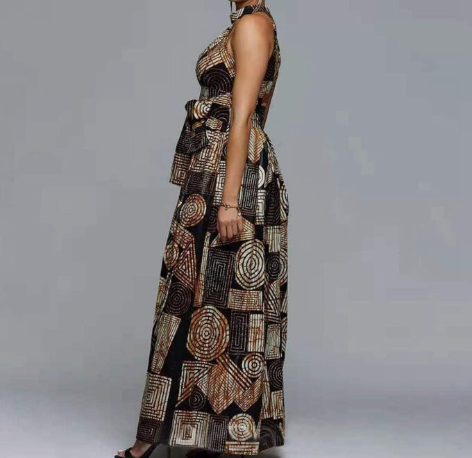 VERWIN Floor Length Lace-Up High Waist Stand Collar Sleeveless Women's Maxi Dress Print Dress Brown – Bild 3