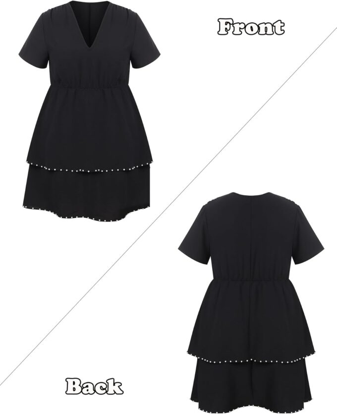 ZNU Plus Size Women’s Cocktail Dresses Studded Draped Double Hem Prom Dress Elegant V-Neck Short Sleeve A-Linen Dresses – Bild 8