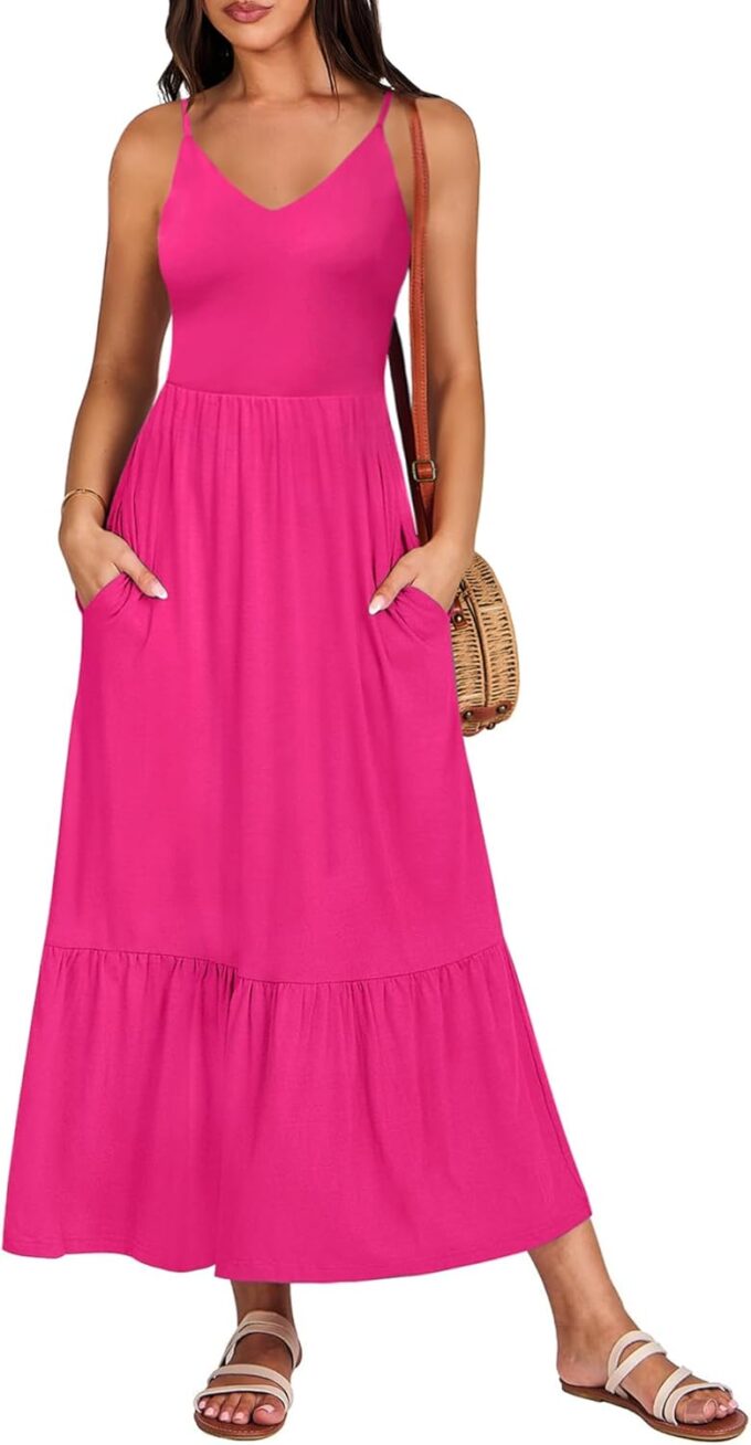 Kranda Women Summer Sleeveless Casual Long Maxi Vacation Beach Dresses V Neck Smocked Flowy Tiered Sundress with Pockets