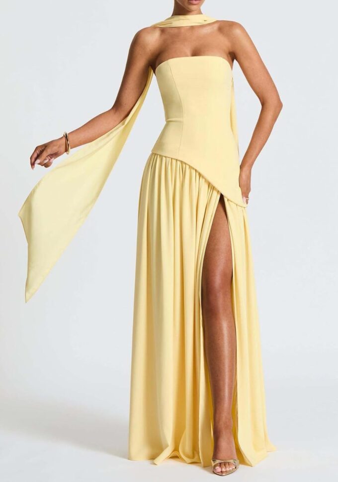 Women's Elegant Strapless Long Dress with Scarf Cocktail Wedding Guest Prom Maxi Dresses with Slit – Bild 2
