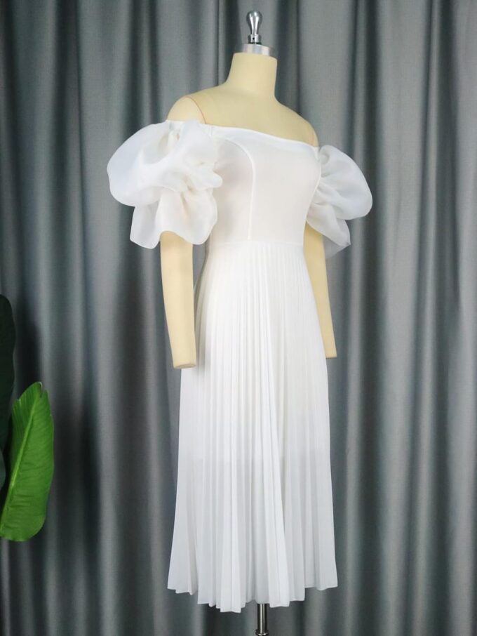 ONTINVA Women's Boat Neck Puff Short Lantern Sleeves High Waist White Dress Pleated Cocktail Party Dresses Gown – Bild 5