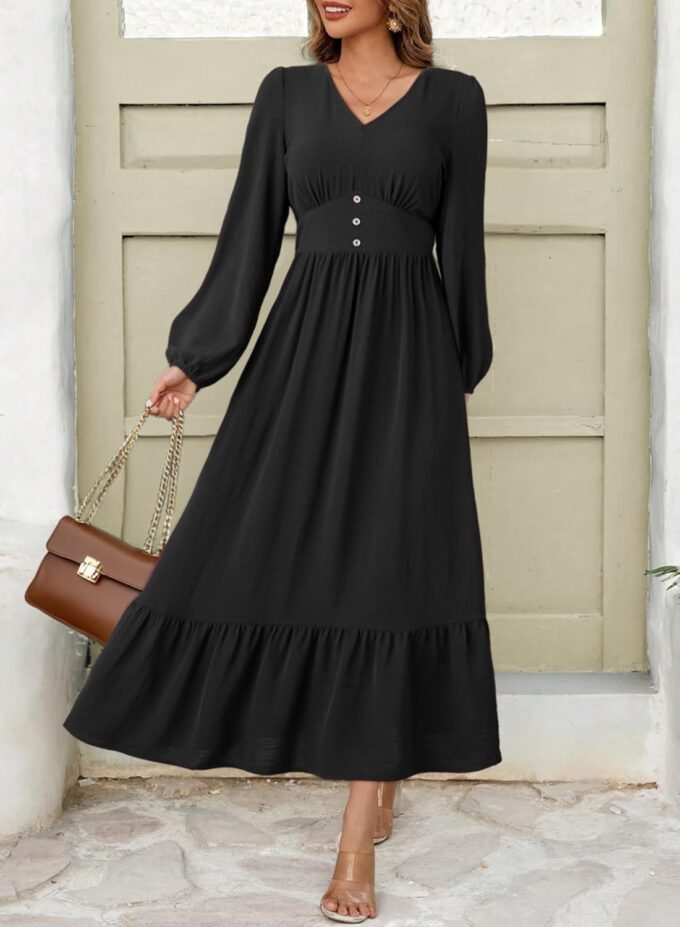 Dokotoo Womens Dresses Fashion 2025 Long Sleeve V Neck Maxi Dresses Elegant Casual Flowy Tiered Boho Beach Vacation Outifits – Bild 4