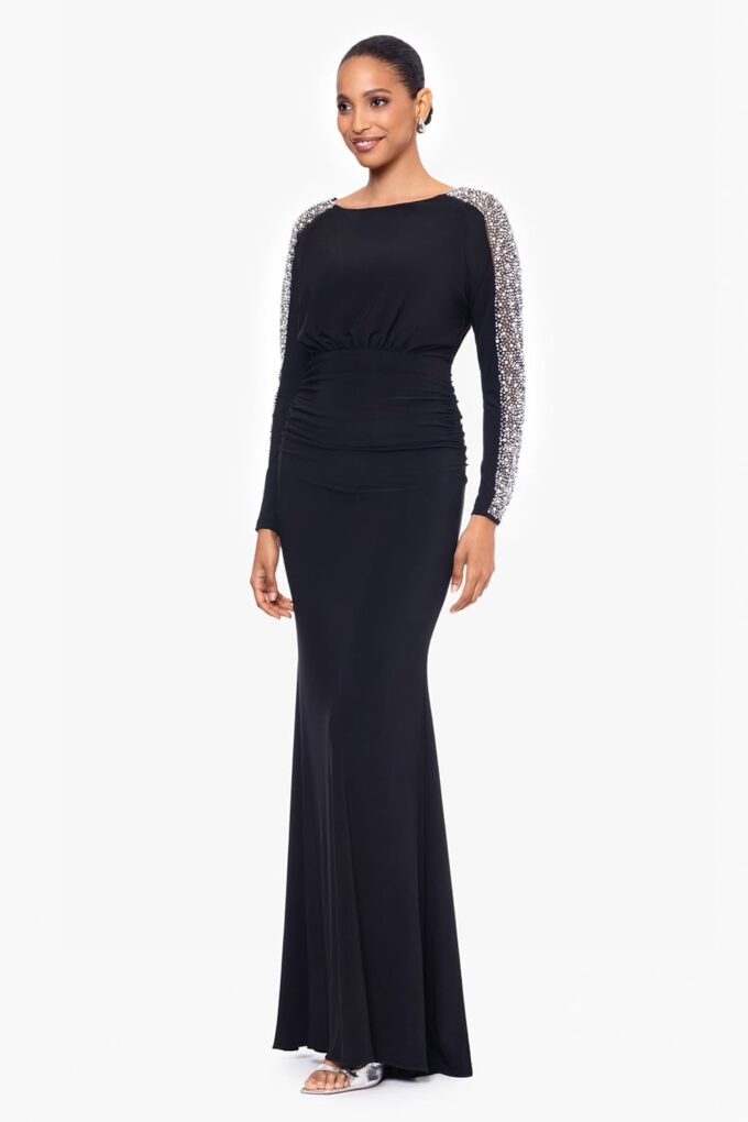 Betsy & Adam Women's Long Embellished Sleeve Ruched Waist Evening Gown with Keyhole Back Detail – Bild 3