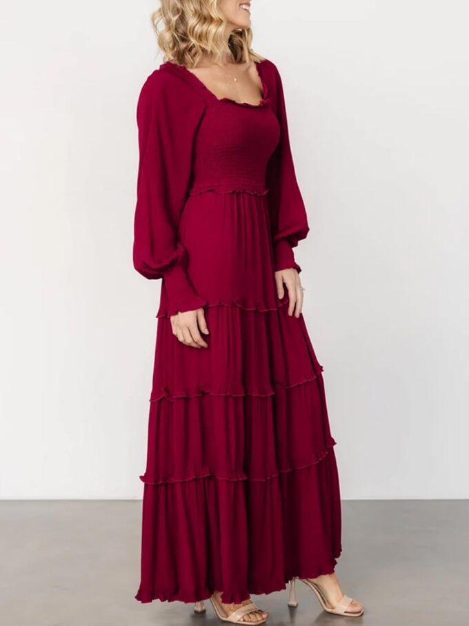 hibshaby Women Elegant Puff Long Sleeve Dress Square Neck Pleated A Line Dress Smocked Empire Waist Swing Flowy Long Dresses – Bild 6