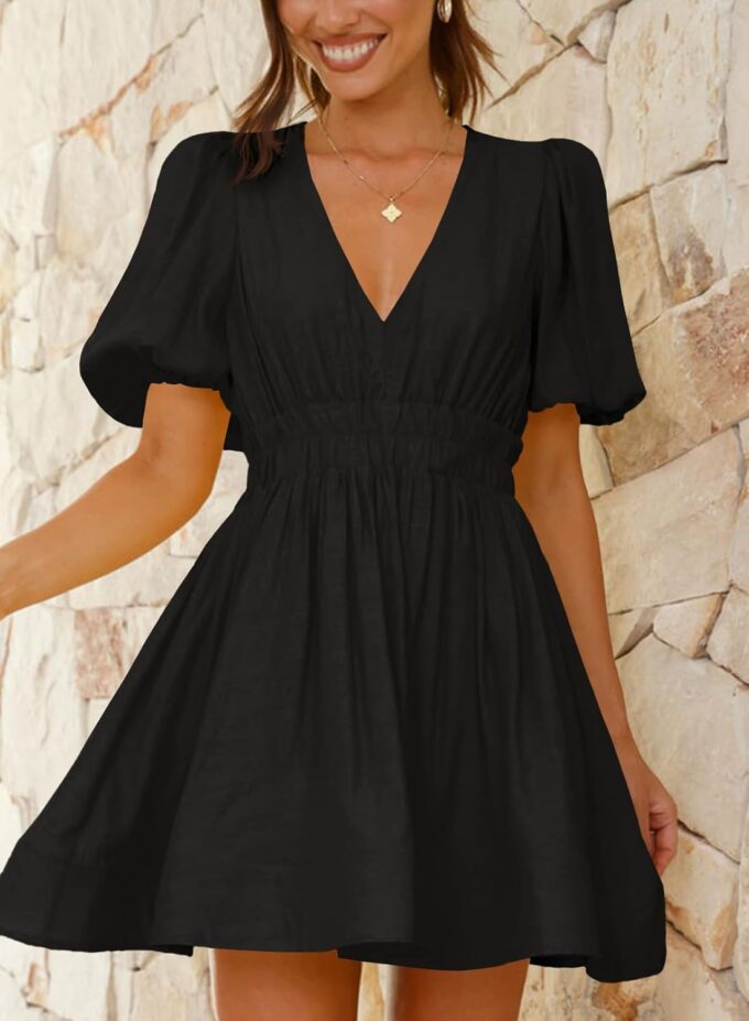 Women Sexy V Neck Mini Dress 2025 Summer Puff Sleeve A Line Elastic High Waist Flowy Swing Dresses – Bild 2