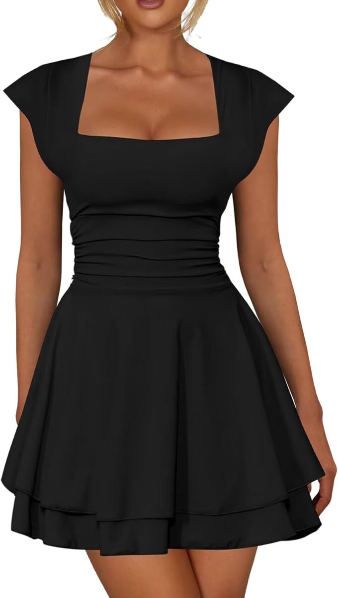 Neyaolk Women's Cap Sleeve Square Neck Ruffle Hem Mini Dress Ruched Waist Short Cocktail Party Dresses