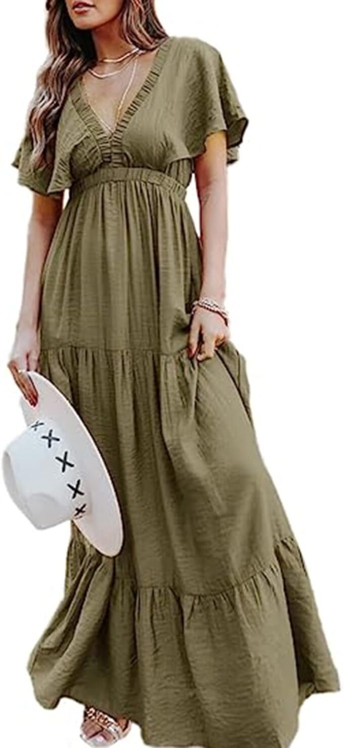 Amegoya Women's Casual Short Sleeve V Neck Floral Maxi Dresses Boho Beach Photoshoot Flowy Ruffle Long Dress