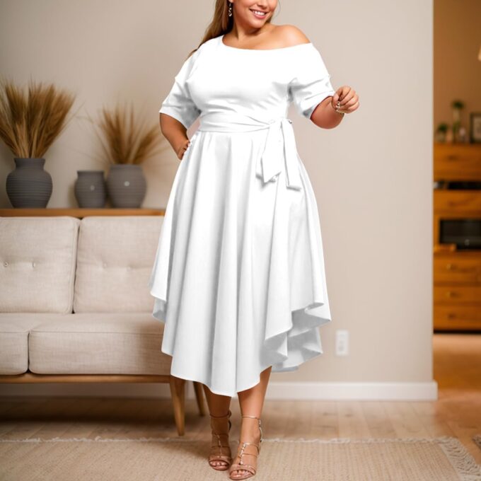 Plus Size Women Wedding Guest Dress Off Shoulder Boat Neck Irregularly Flowy Midi Church Dress – Bild 2